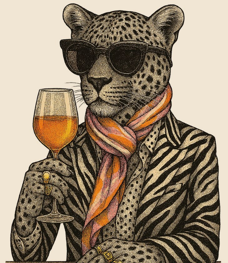 Our leopard in sunglasses and a zebra suit, holding a glass of orange wine