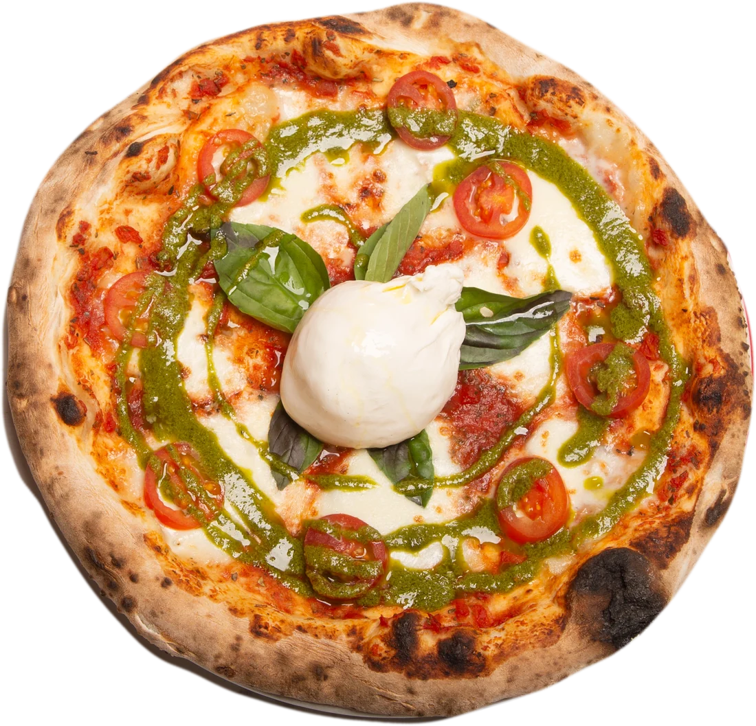 A Neapolitan pizza with burrata, pesto and tomatoes